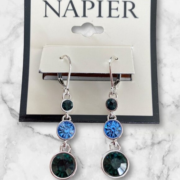 NAPIER Mod/Contemporary Silver Blue & Green Crystal Triple Dangle Earrings**NEW! - Picture 2 of 2